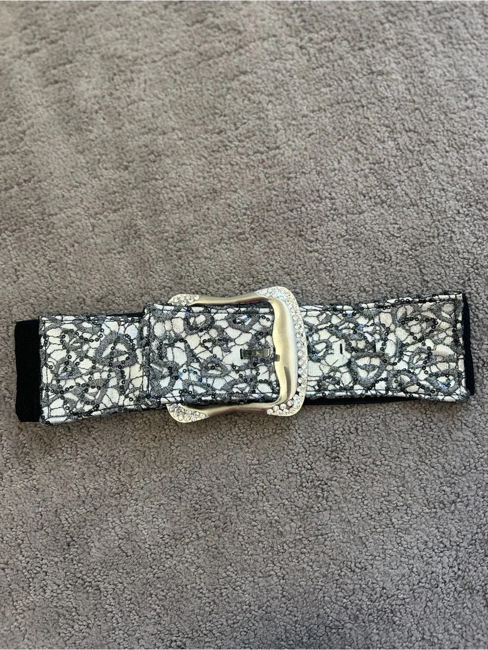Buckle Black and Silver Stretch Belt with Rhinestone Buckle